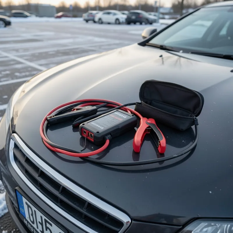 Booster de démarrage portable posé sur le pare-chocs d&rsquo;une voiture, pinces rouge et noire enroulées
