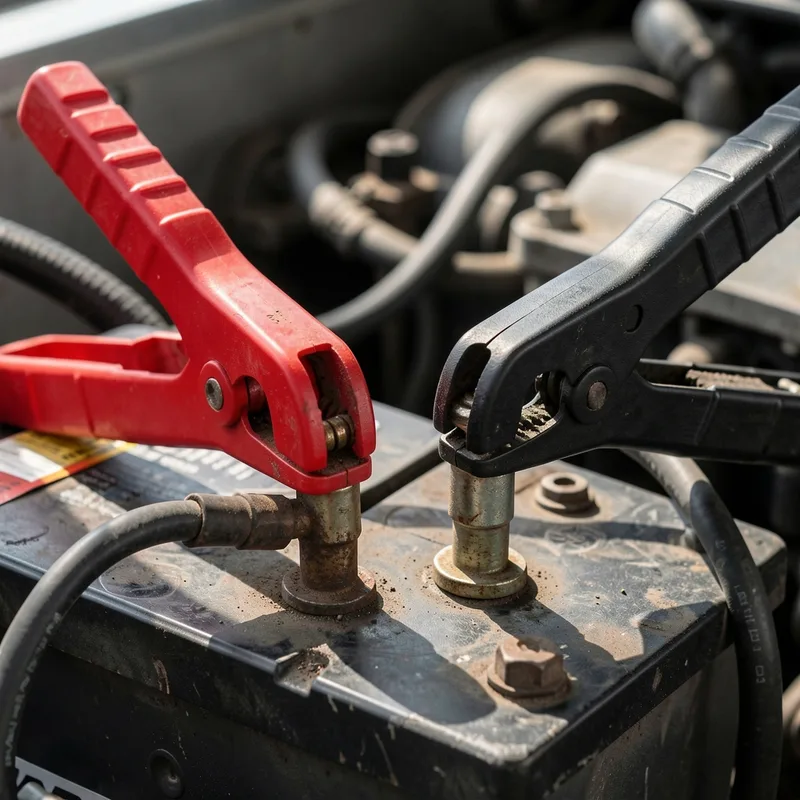 Pinces d&rsquo;un booster de démarrage serrées sur les bornes d&rsquo;une batterie dans un compartiment moteur
