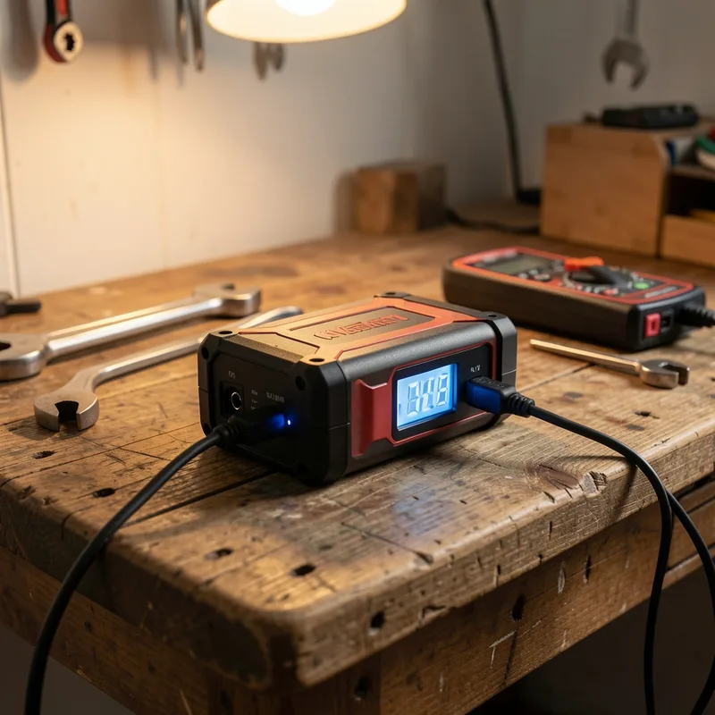 Booster de batterie en charge sur un plan de travail d&rsquo;atelier, câble USB branché et écran indiquant le niveau
