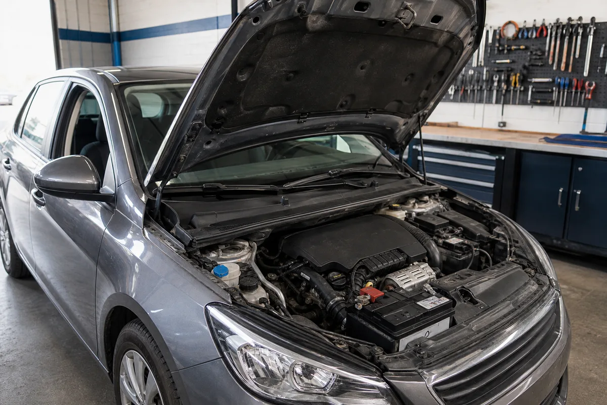 Compartiment moteur ouvert montrant la batterie et ses cosses de raccordement