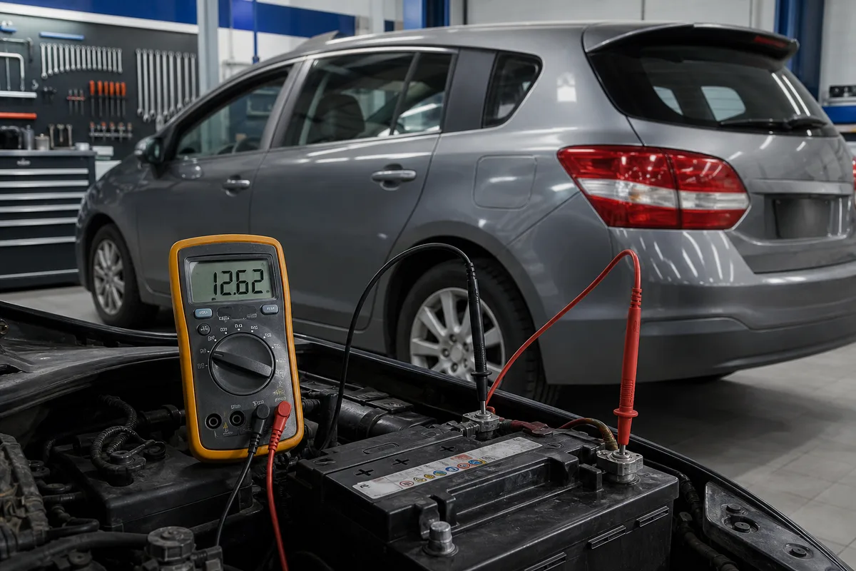 Multimètre mesurant la tension aux bornes d&rsquo;une batterie de voiture