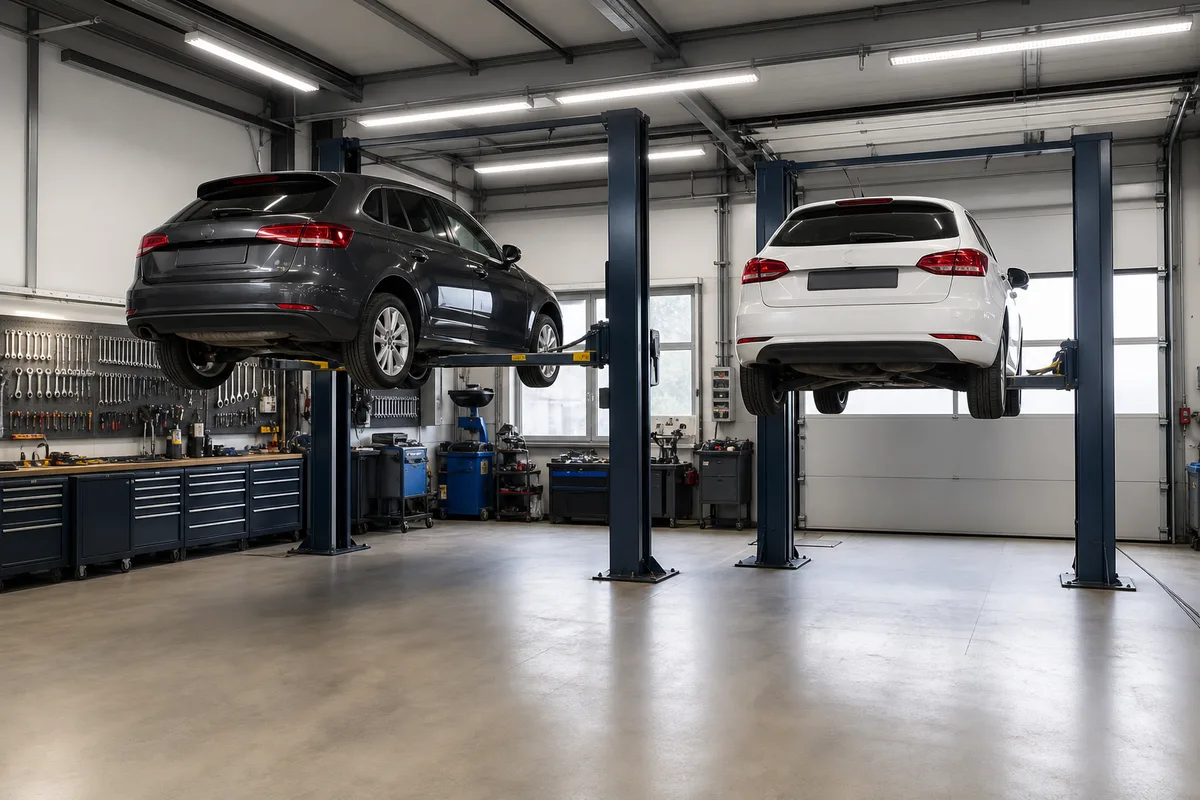 Vue d&rsquo;ensemble d&rsquo;un atelier de mécanique automobile avec deux véhicules sur ponts élévateurs