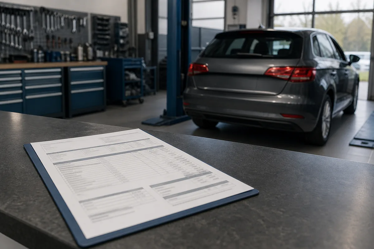 Document de devis automobile détaillé posé sur un comptoir de réception d’atelier
