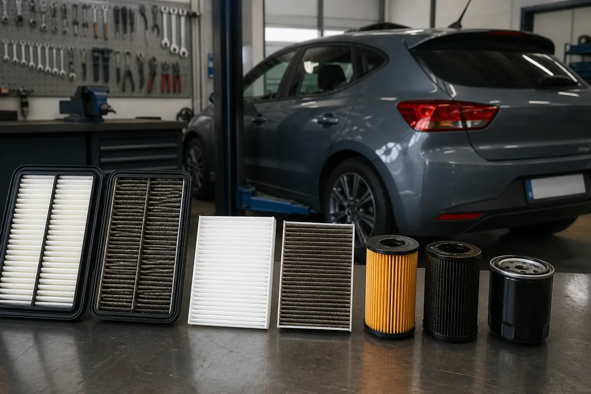 Cartouches de filtres automobiles neuves et usagées posées côte à côte sur un plan de travail