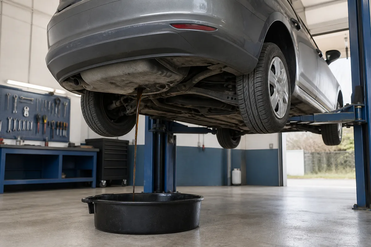 Écoulement d&rsquo;huile moteur usagée lors d&rsquo;une vidange sous un véhicule